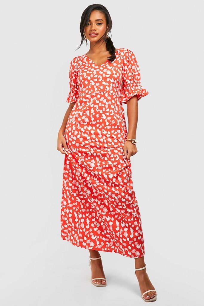 Womens Animal Print Puff Sleeve Maxi Dress - Red - 8, Red