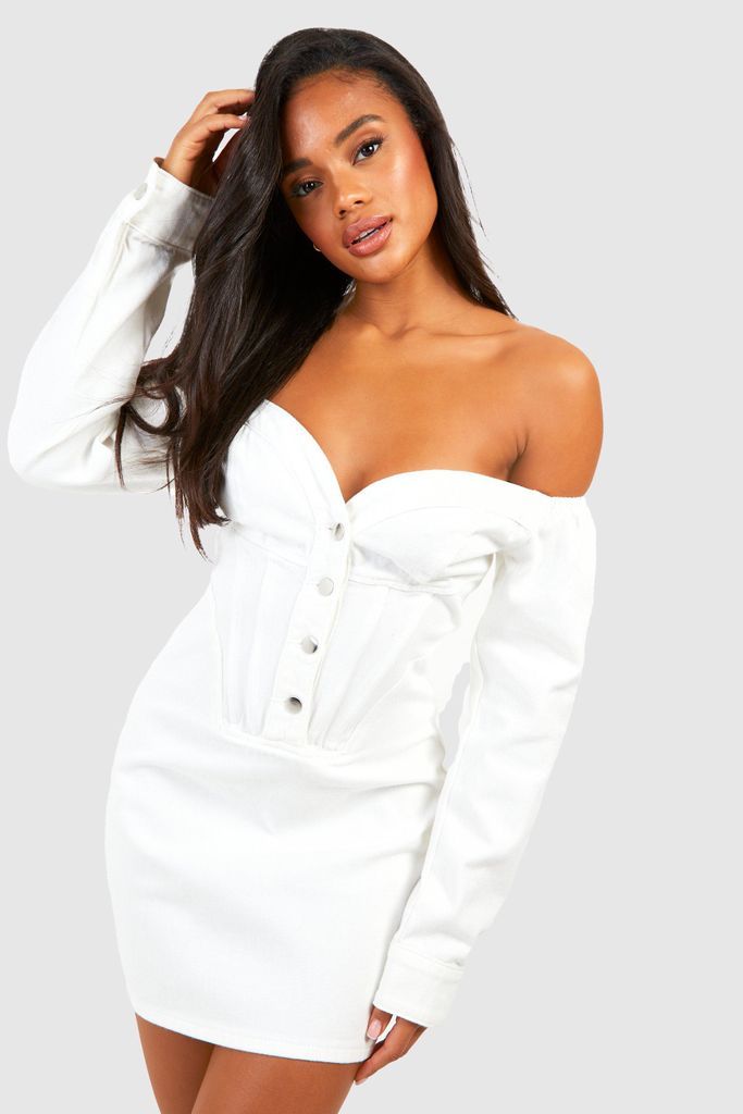Womens Corset Seam Detail Off The Shoulder Denim Mini Dress - White - 6, White
