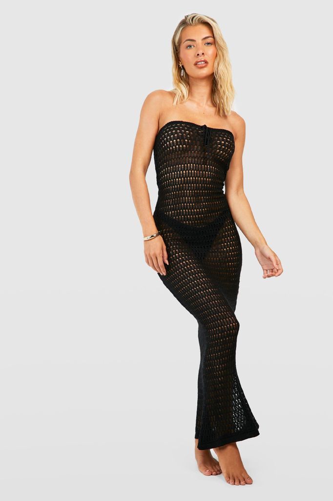 Womens Crochet Tie Front Bandeau Beach Maxi Dress - Black - S, Black