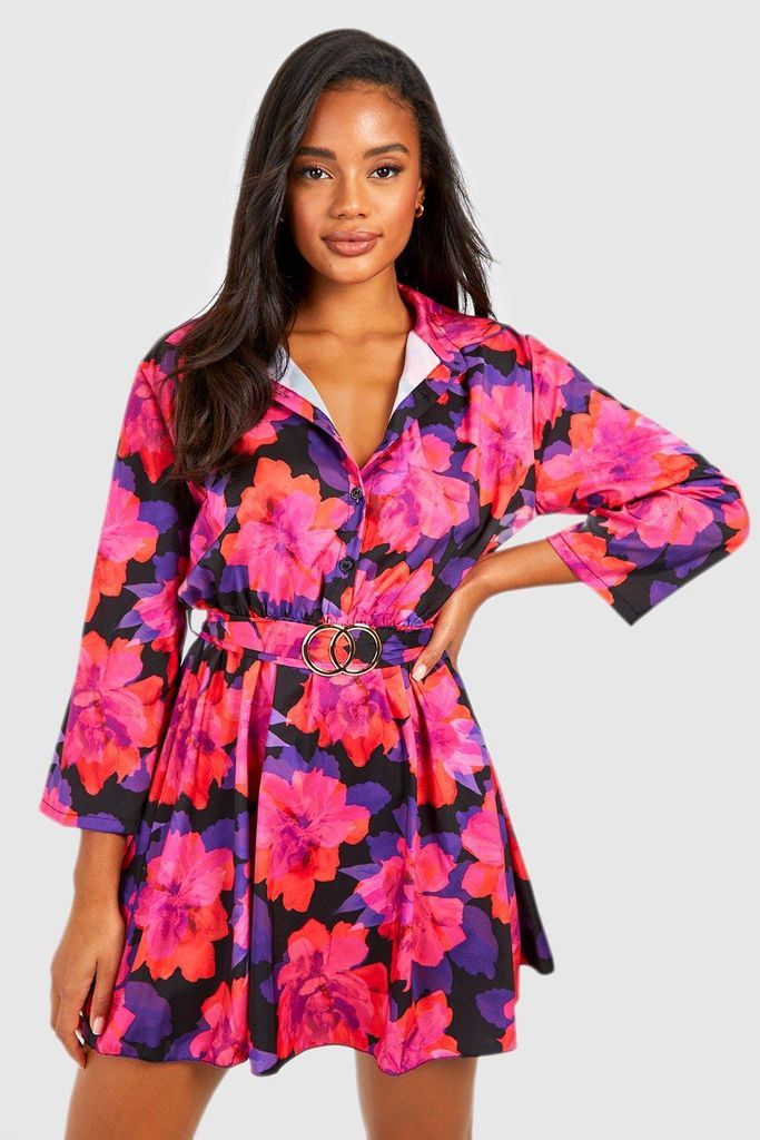 Womens Floral Print Belted Shirt Dress - Purple - 8, Purple