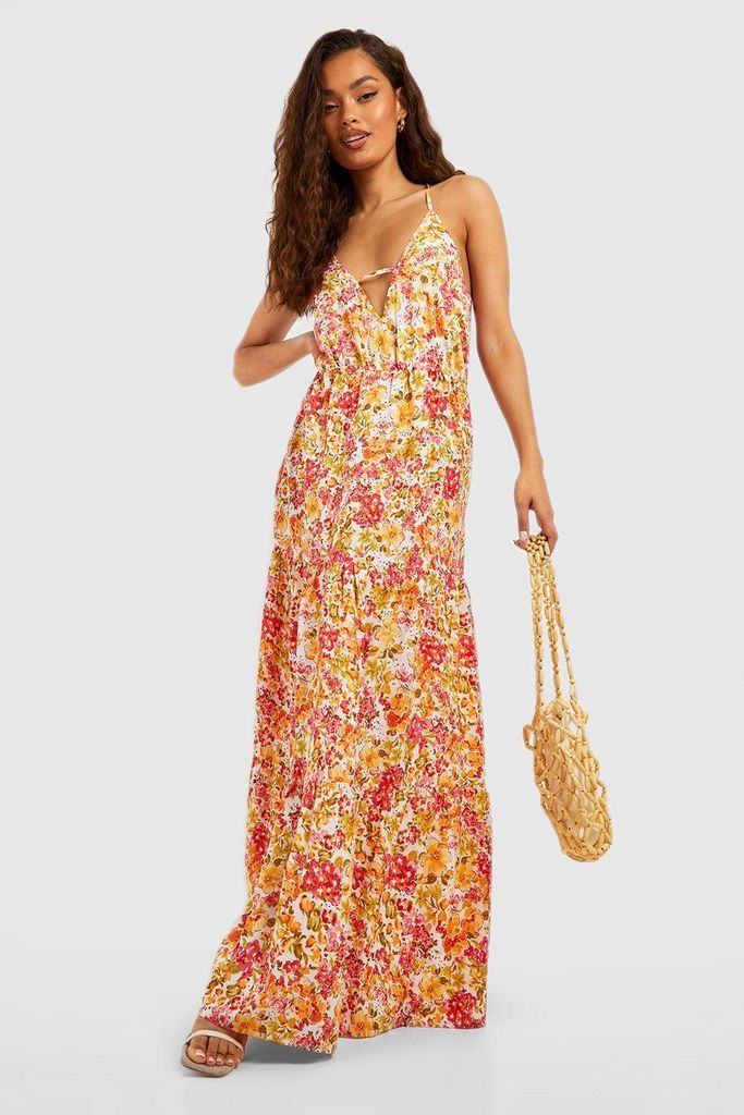 Womens Floral Strappy Maxi Dress - Red - 8, Red