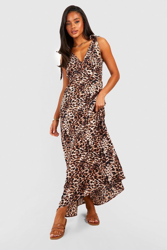 Womens Leopard Tie Strap Maxi Dress - Brown - 10, Brown