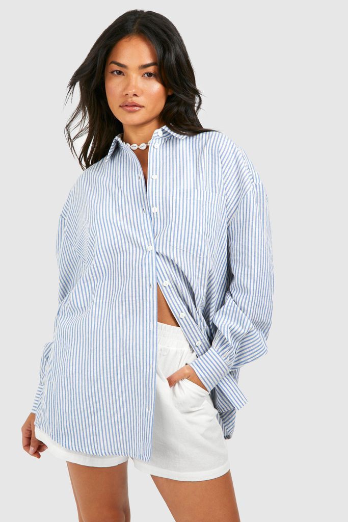 Womens Striped Cotton Shirt - Blue - 6, Blue