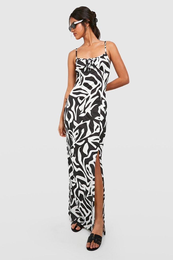 Womens Tall Mono Leaf Print Tie Front Split Side Maxi Dress - Black - 6, Black