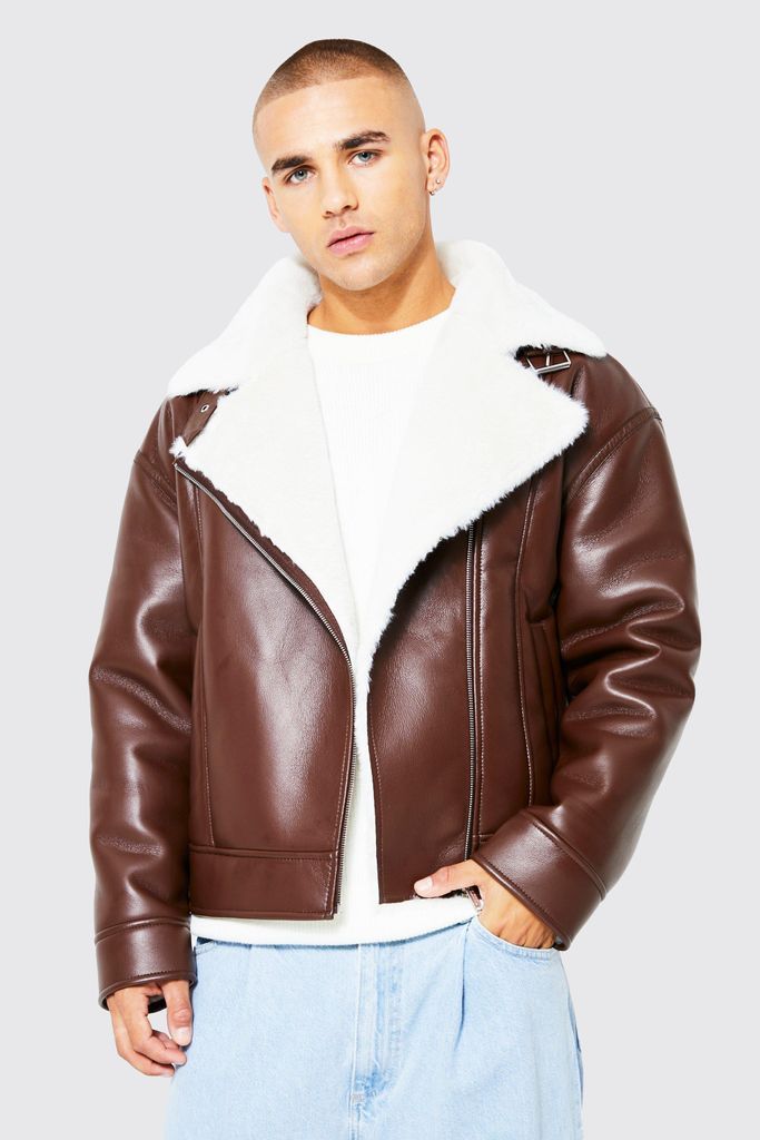 Men's Boxy Leather Look Faux Fur Trim Aviator - Brown - Xl, Brown