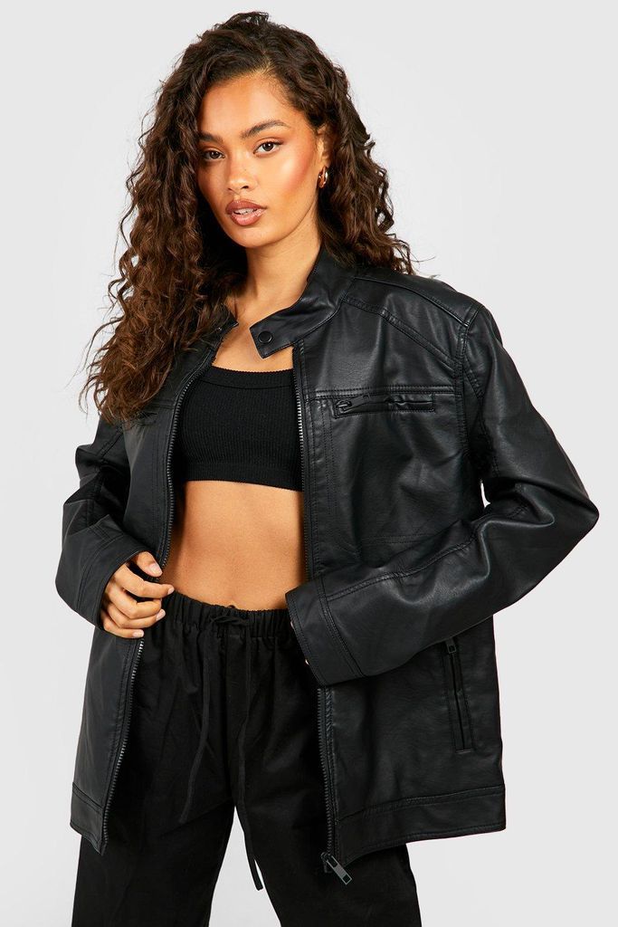 Womens Oversized Faux Leather Zip Detail Jacket - Black - L, Black