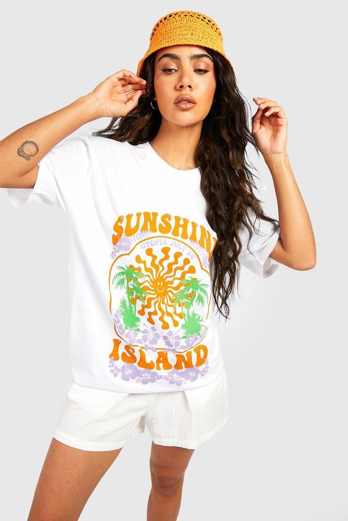 Womens Sunshine Island Printed Oversized T-Shirt - White - L, White