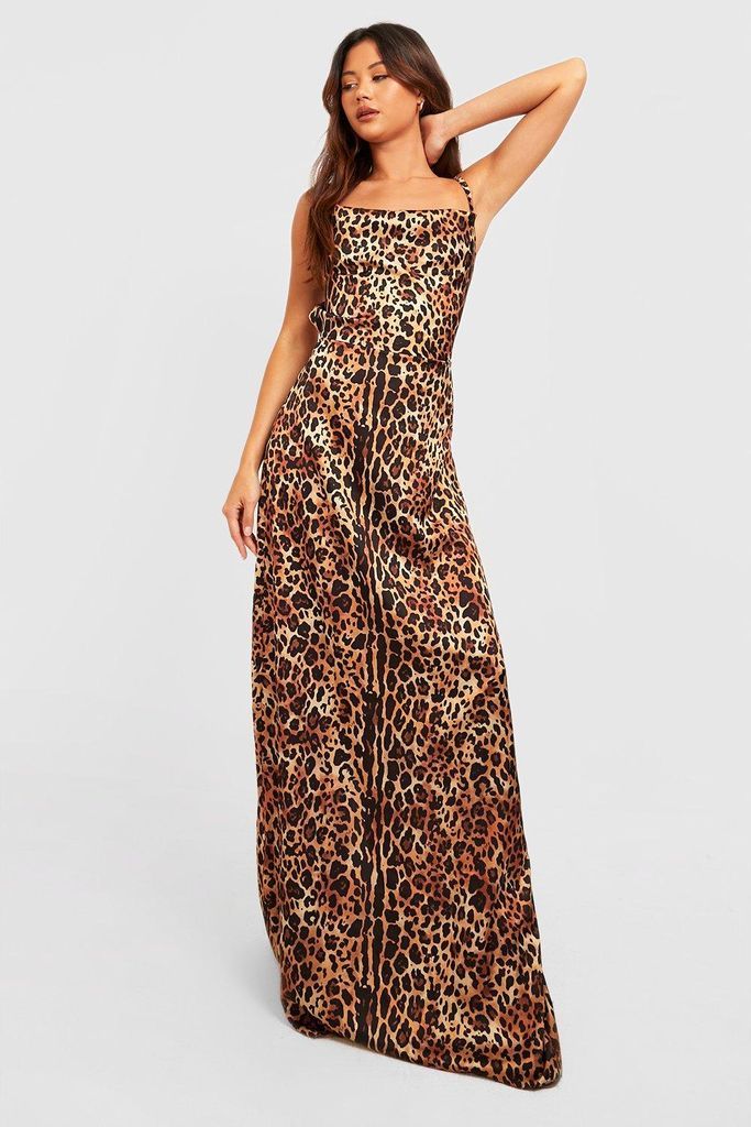 Womens Petite Leopard Satin Maxi Slip Dress - Beige - 8, Beige