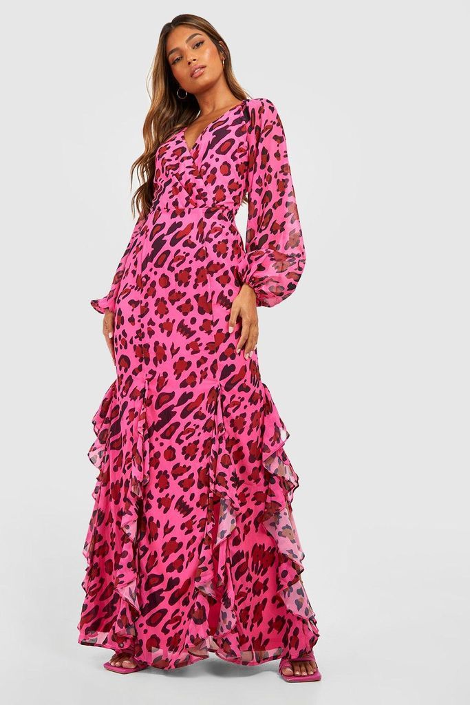 Womens Animal Print Ruffle Detail Maxi Dress - Pink - 8, Pink