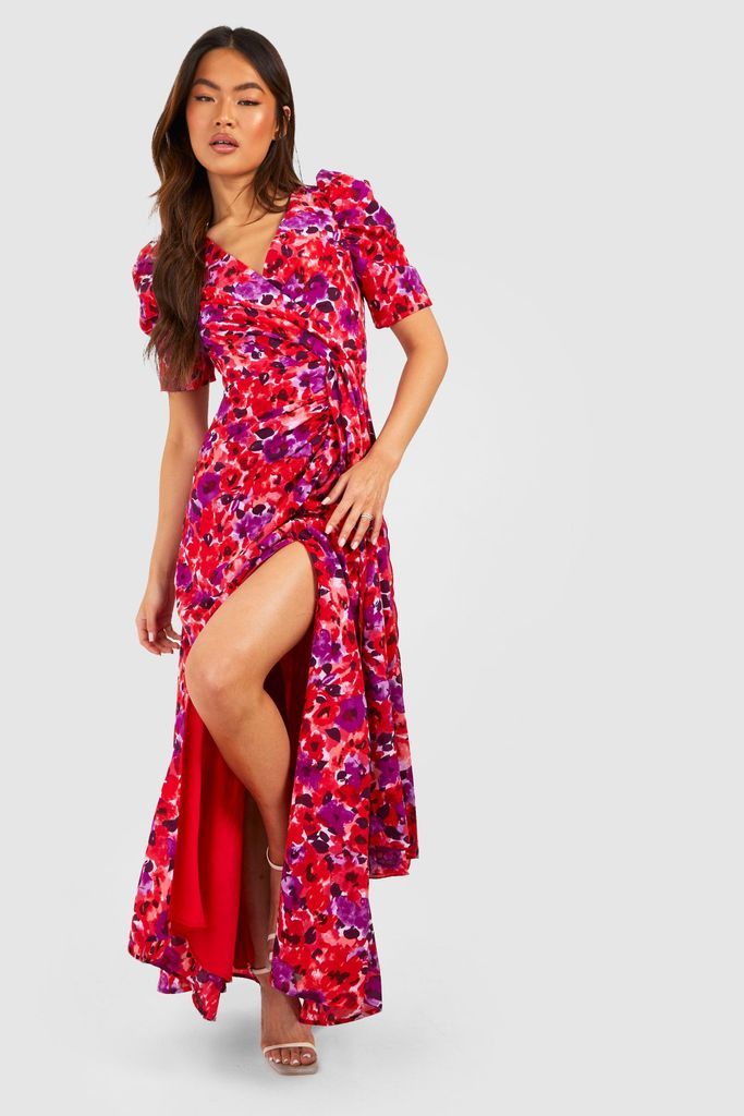 Womens Floral Print Wrap Maxi Dress - Red - 8, Red