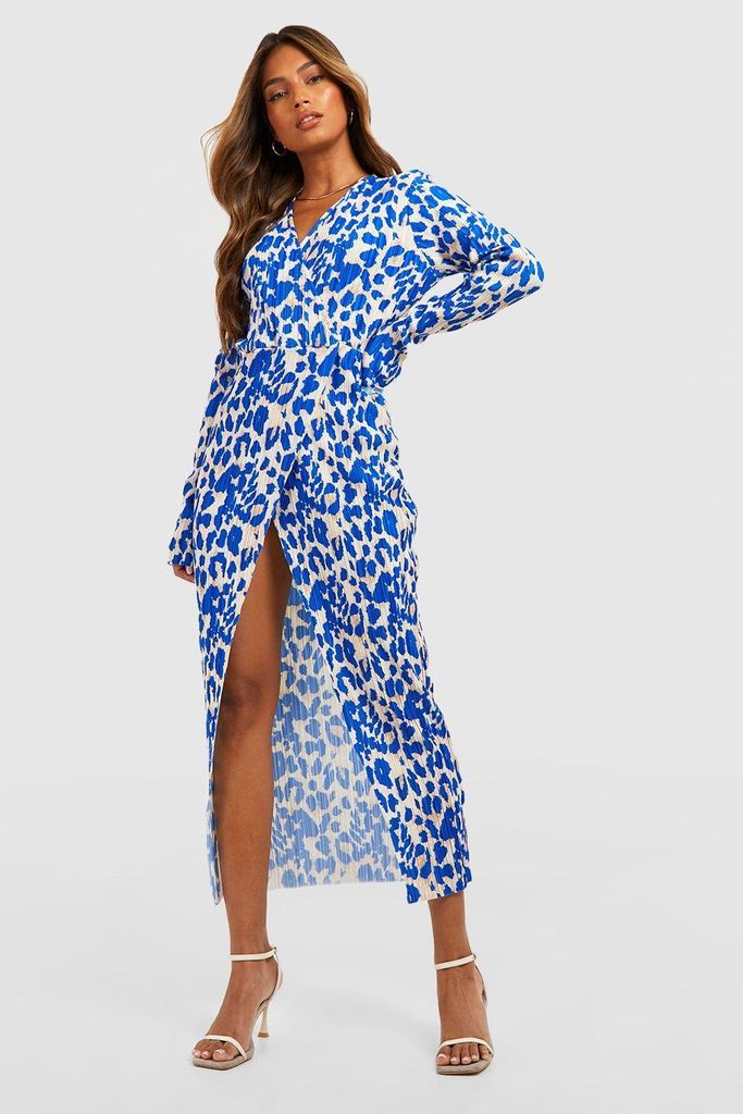 Womens Leopard Plisse Wrap Midaxi Dress - Blue - 8, Blue