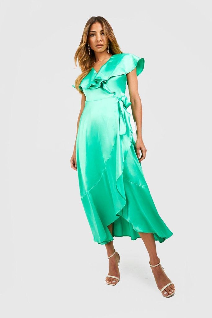 Womens Satin Ruffle Wrap Dress - Green - 8, Green