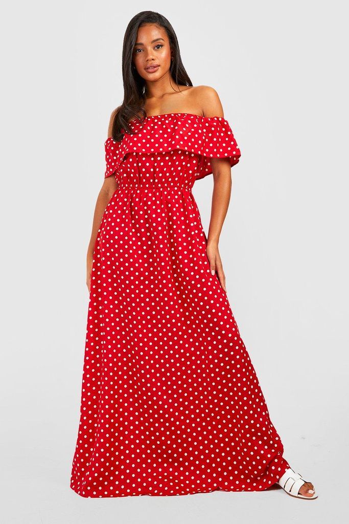 Womens Spot Print Bardot Maxi Dress - Red - 10, Red