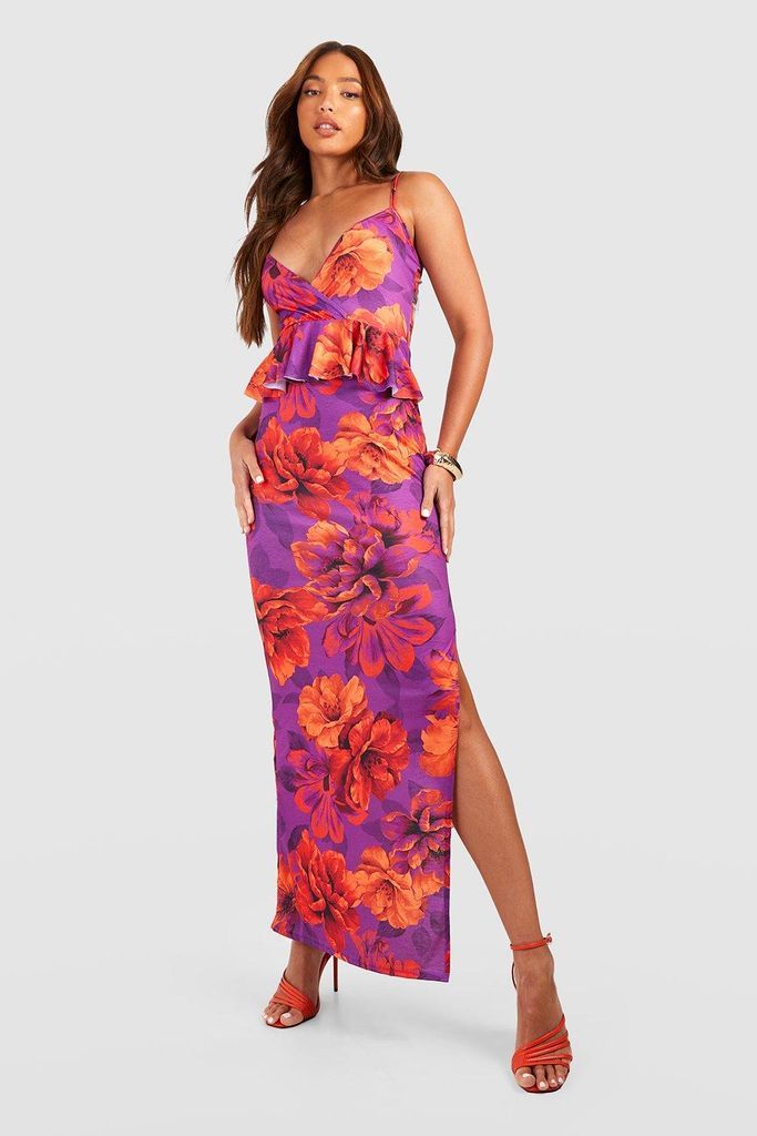 Womens Tall Large Floral Strappy Ruffle Maxi Dress - Purple - 6, Purple