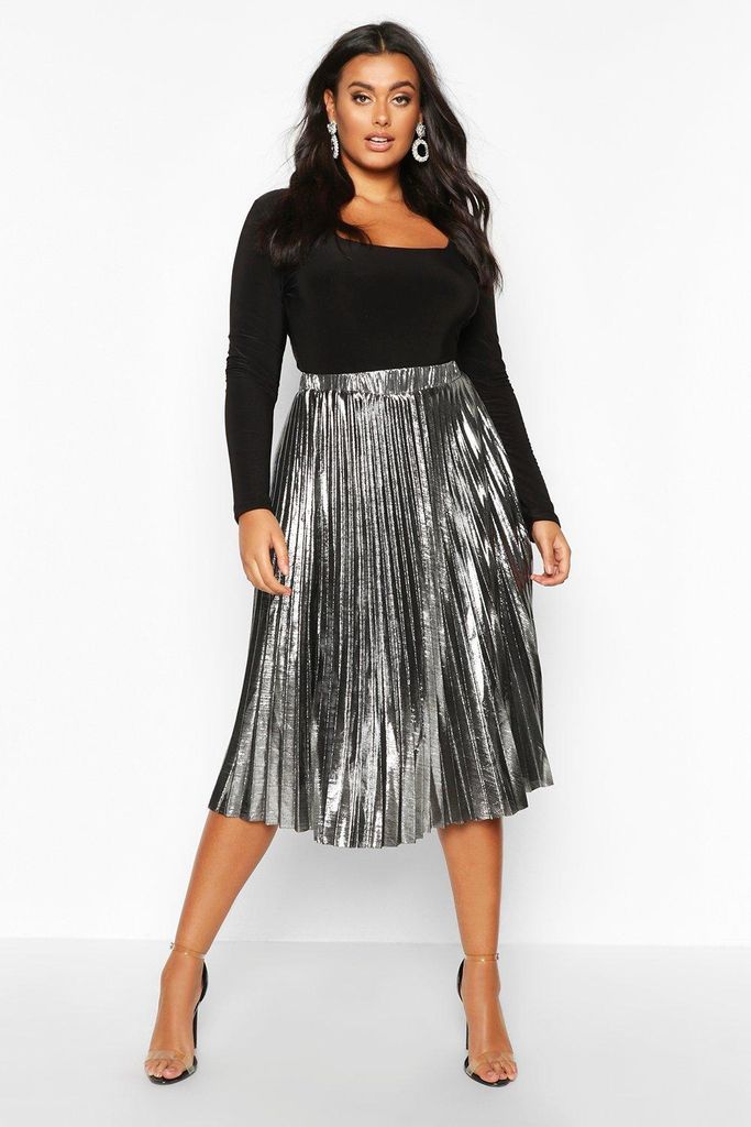 Womens Plus Metallic Pleated Midi Skirt - Grey - 24, Grey