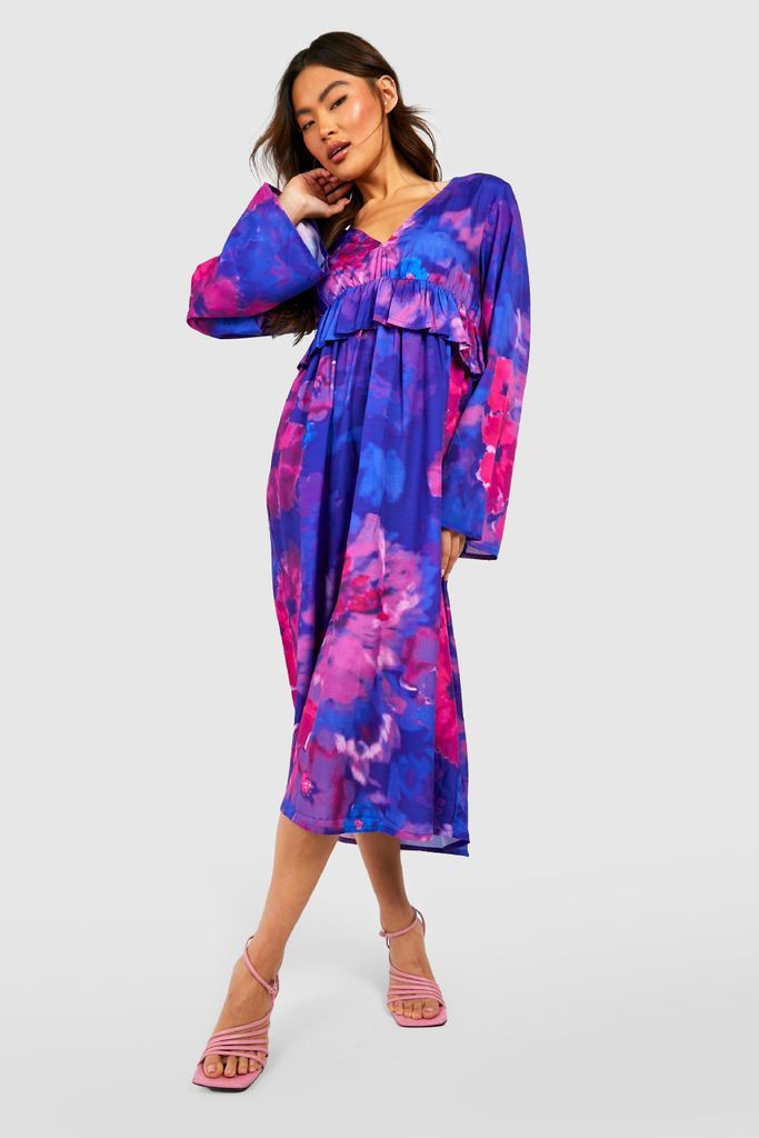 Womens Floral Ruffle Waist Chiffon Midi Dress - Purple - 8, Purple