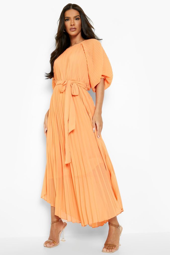 Womens Pleated Puff Sleeve Midi Dress - Orange - 10, Orange