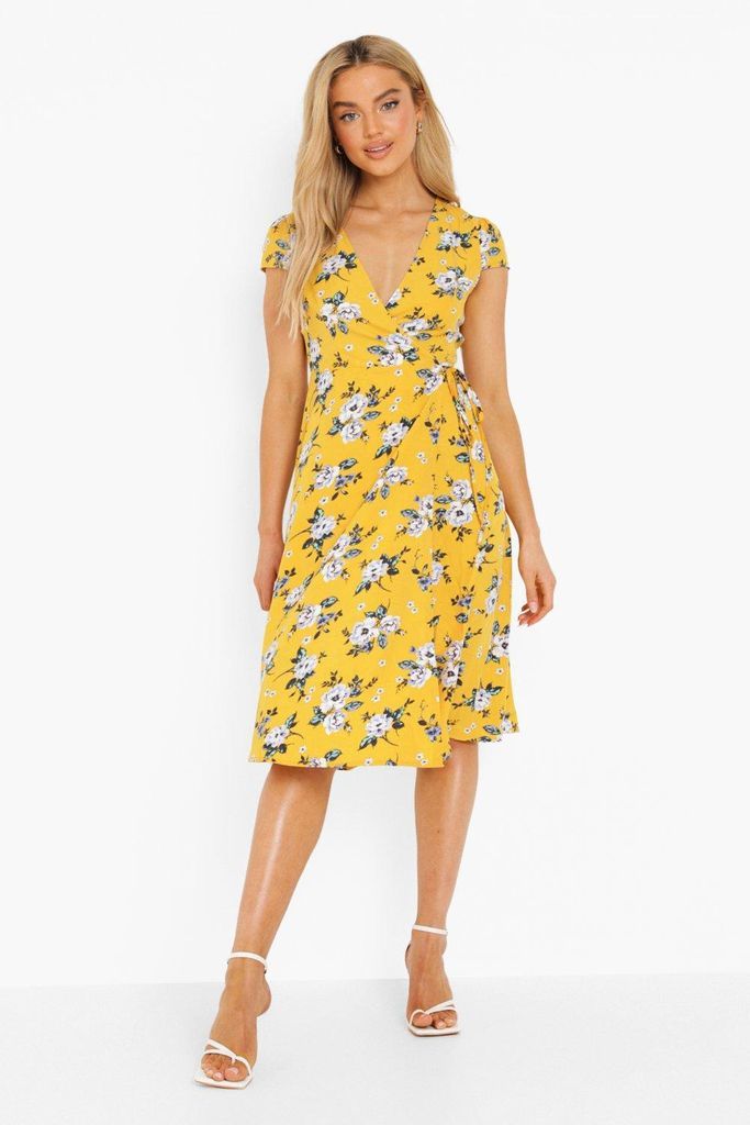 Womens Floral Print Wrap Dress - Yellow - 8, Yellow