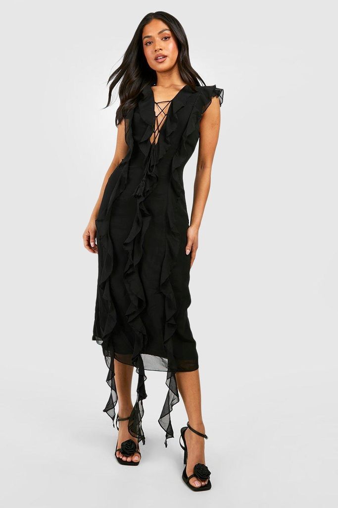 Womens Petite Chiffon Sleeveless Ruffle Boho Dress - Black - 8, Black
