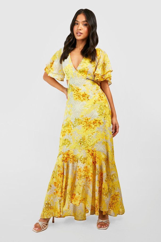 Womens Petite Floral Print Angel Sleeve Maxi Dress - Yellow - 6, Yellow