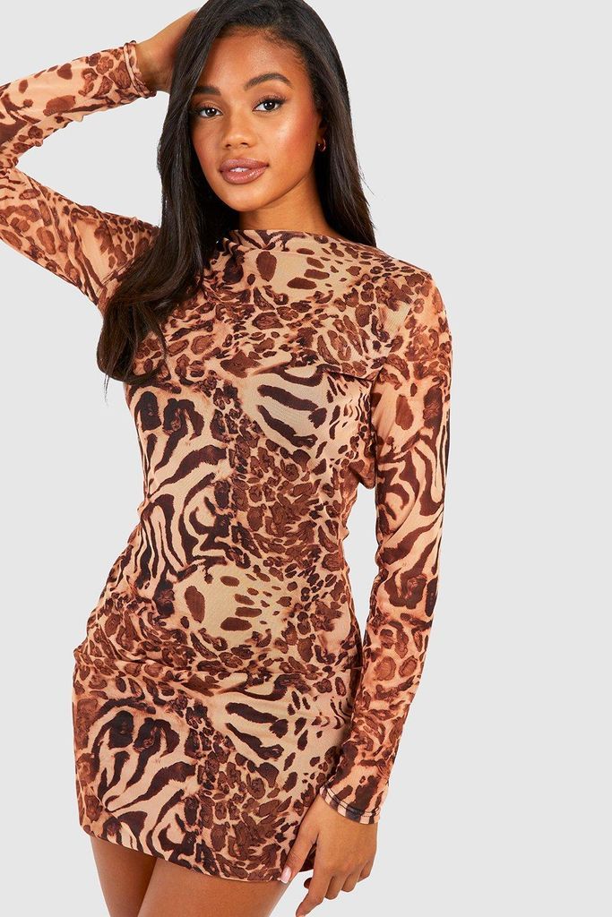 Womens Mixed Animal Print Mesh Low Back Mini Dress - Brown - 8, Brown