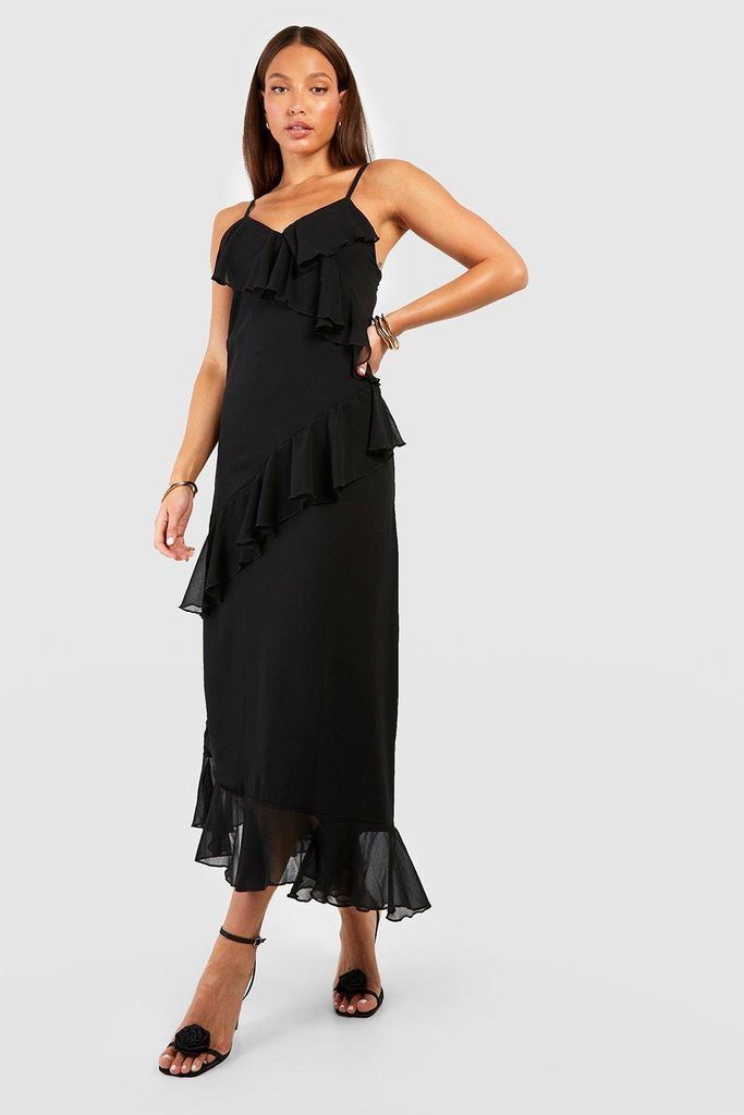 Womens Tall Woven Chiffon Ruffle Strappy Midaxi Dress - Black - 6, Black