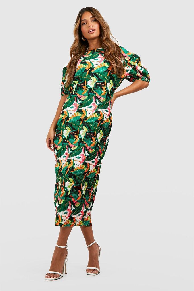 Womens Tropical Plisse Puff Sleeve Midi Dress - Multi - 8, Multi
