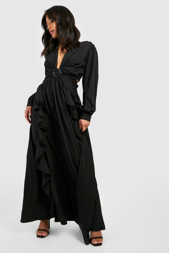 Womens Petite Ruffle Belted Maxi Dress - Black - 8, Black