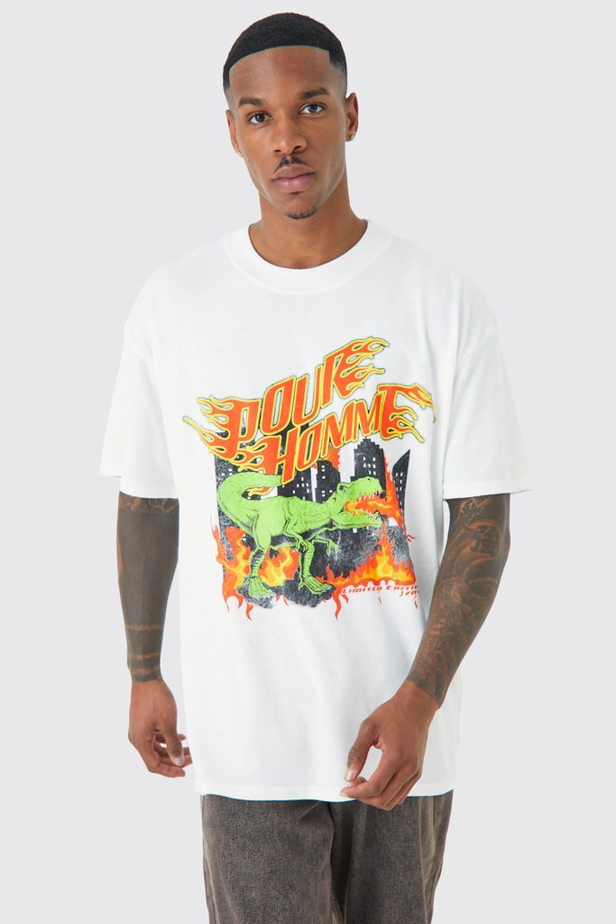 Men's Oversized Pour Homme Dinosaur Flames T-Shirt - White - S, White