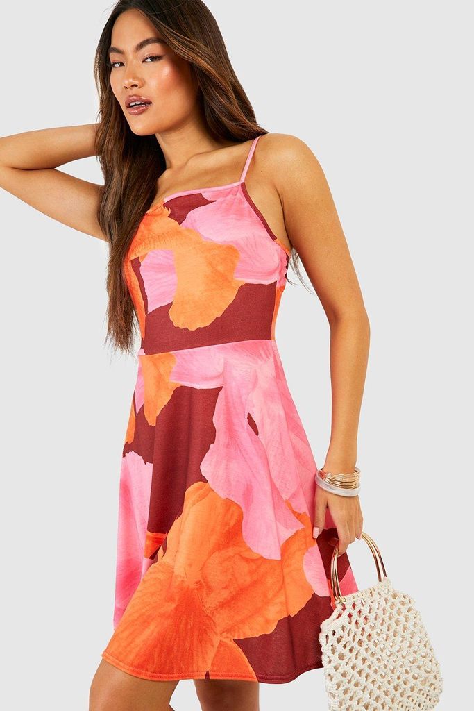 Womens Abstract Floral Printed Swing Dress - Pink - 6, Pink