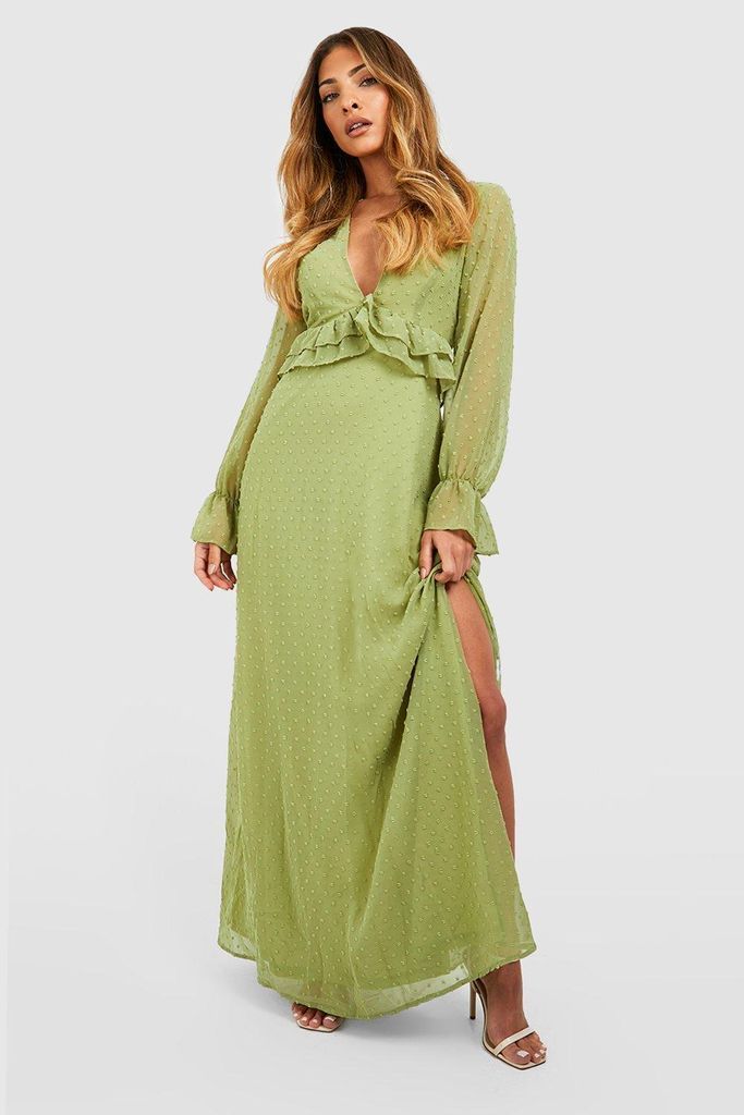 Womens Dobby Plunge Ruffle Detail Maxi Dress - Green - 8, Green