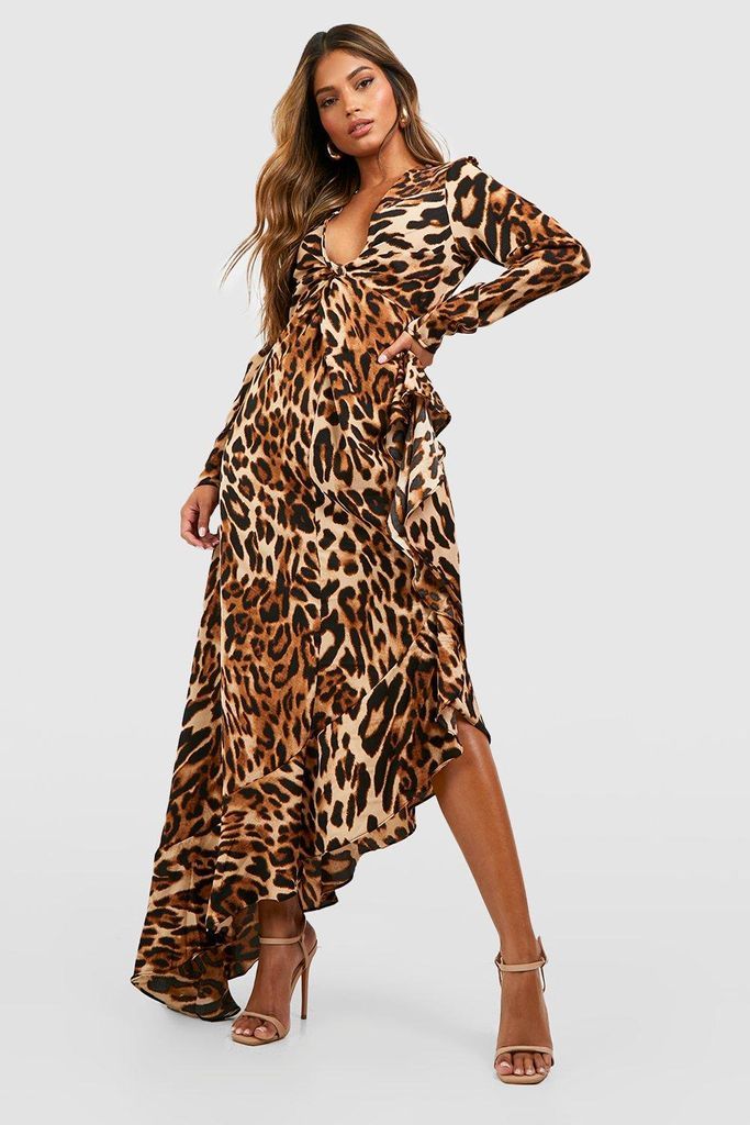 Womens Leopard Print Asymetric Ruffle Hem Maxi Dress - Brown - 8, Brown