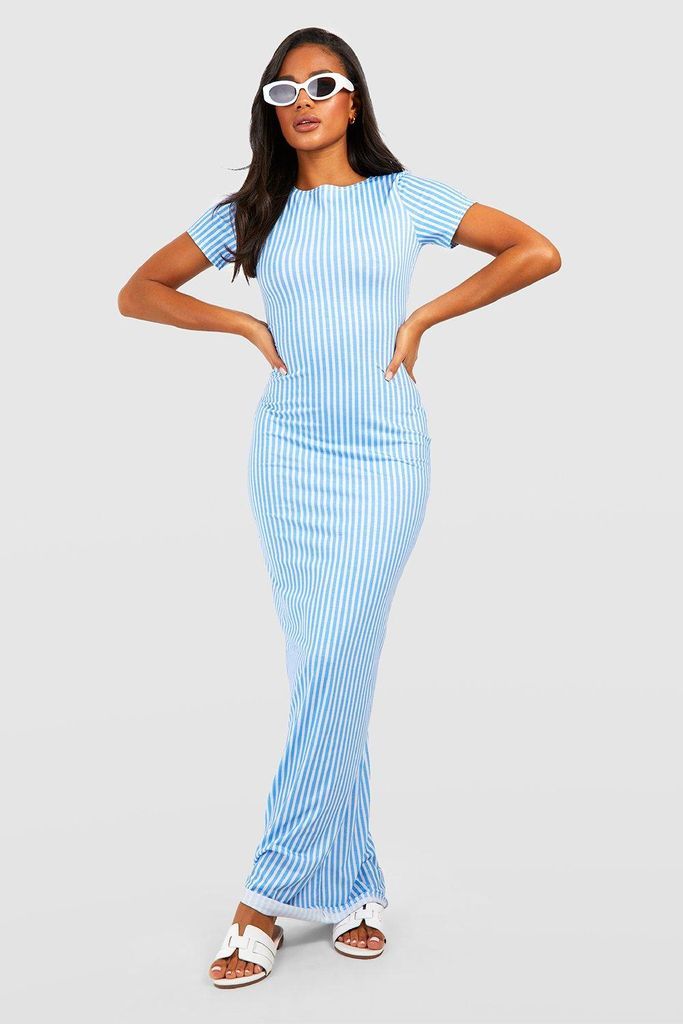 Womens Stripe Cap Sleeve Maxi Dress - Blue - 6, Blue