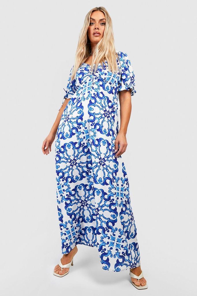 Womens Plus Porcelain Print Puff Sleeve Maxi Dress - Blue - 18, Blue