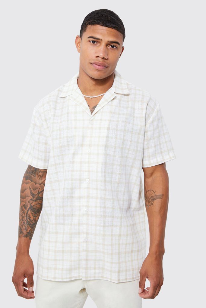 Men's Short Sleeve Oversized Check Shirt - Beige - S, Beige