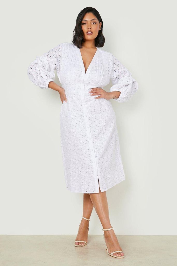 Womens Plus Broderie Volume Sleeve Midi Dress - White - 16, White