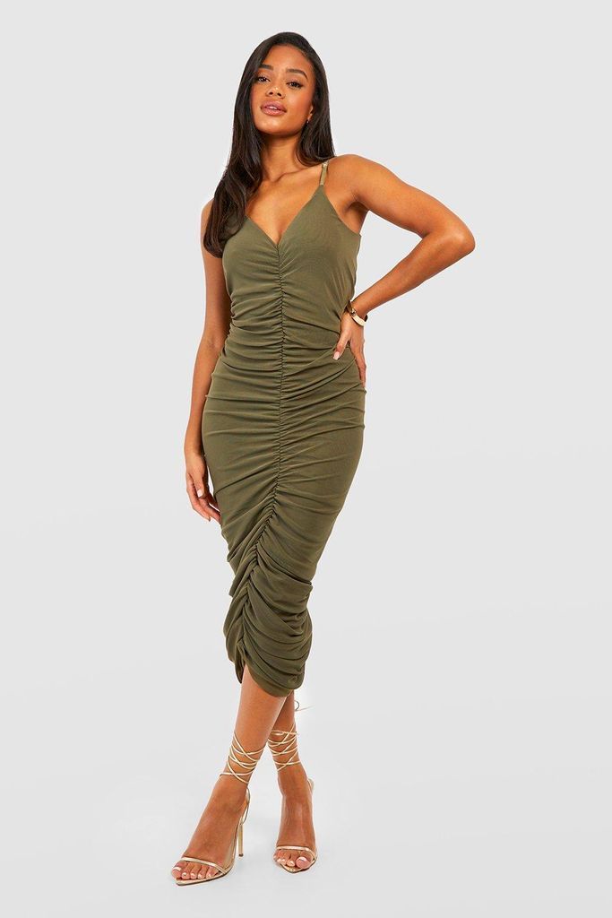 Womens Rouched Mesh Strappy Midi Dress - Green - 8, Green