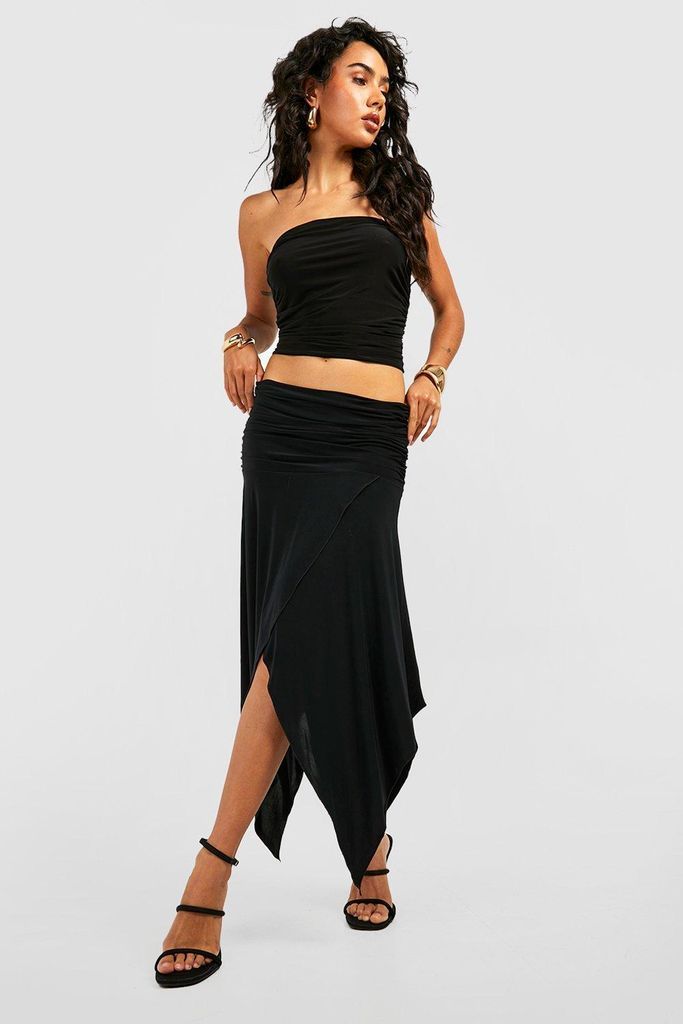 Womens Slinky Ruched Hanky Hem Midi Skirt - Black - 6, Black