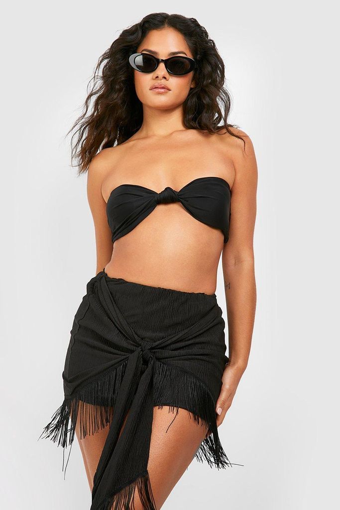 Womens Tassel Hem Textured Beach Mini Skirt - Black - S, Black