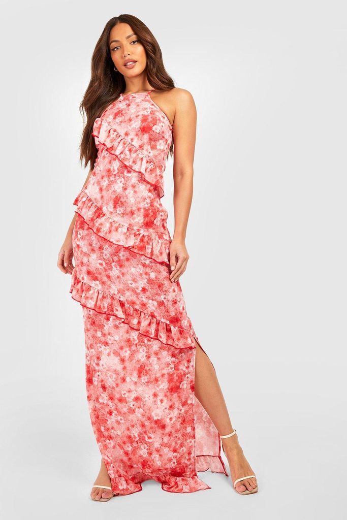 Womens Tall Blurred Ditsy Floral Halter Neck Ruffle Maxi Dress - Pink - 8, Pink