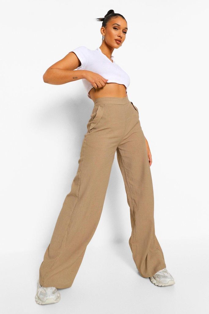 Womens High Waisted Textured Wide Leg Trousers - Brown - 6, Brown