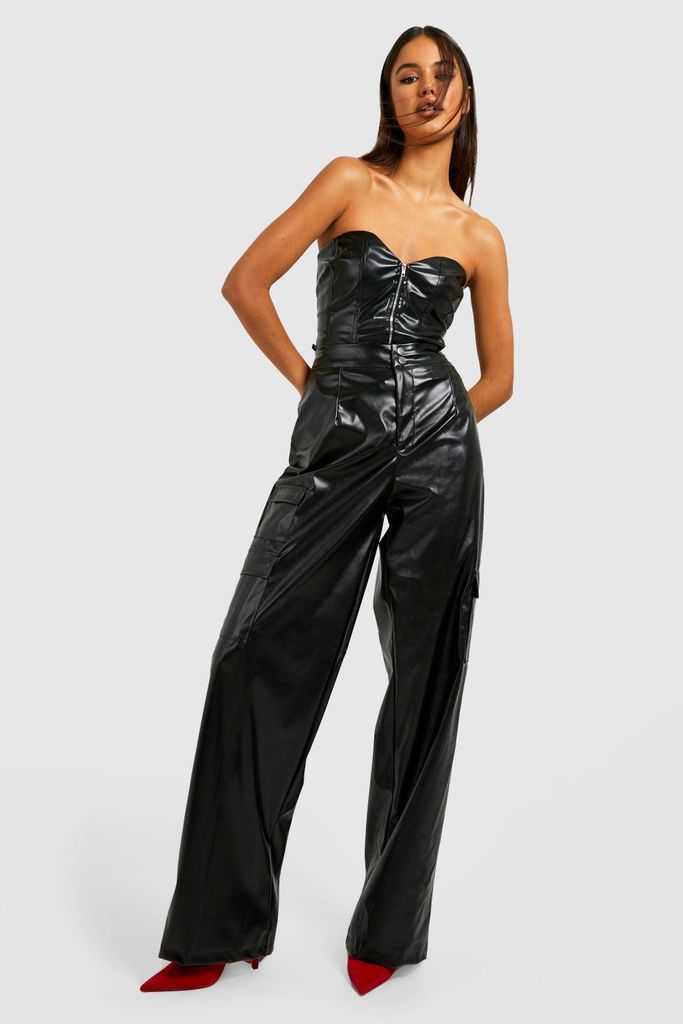 Womens Leather Look Wide Leg Cargo Trousers - Black - 6, Black
