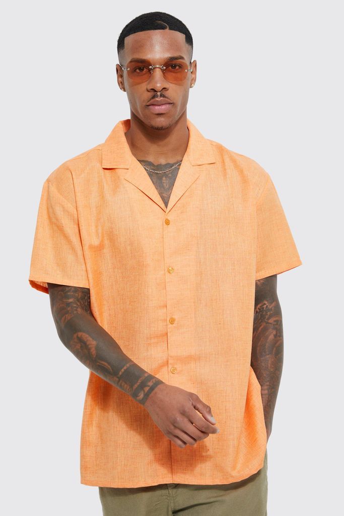 Men's Short Sleeve Oversized Linen Look Shirt - Orange - S, Orange