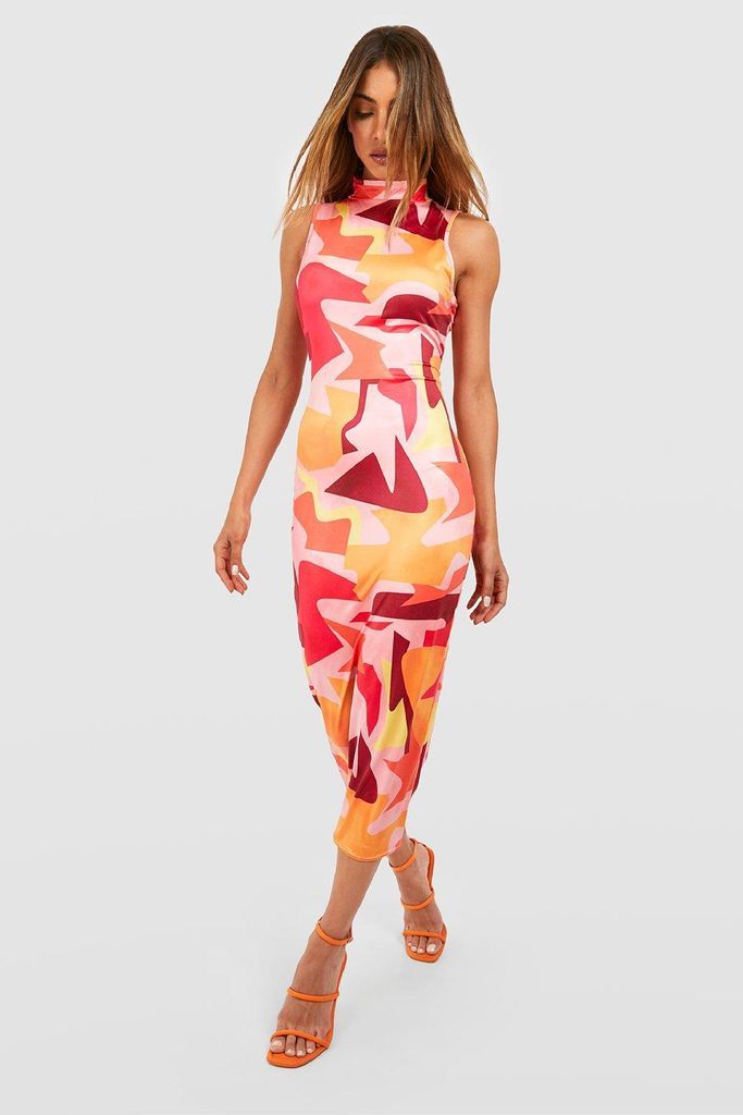 Womens High Neck Abstract Slinky Midi Dress - Pink - 8, Pink
