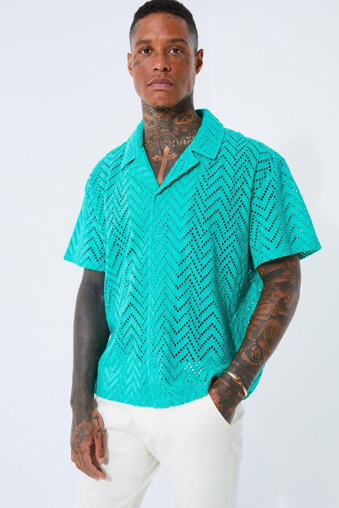 Men's Short Sleeve Boxy Zig Zag Embroidered Shirt - Green - M, Green