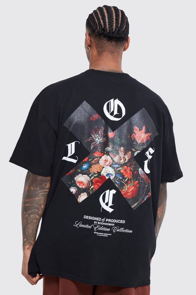 Men's Oversized Floral Graphic T-Shirt - Black - Xs, Black