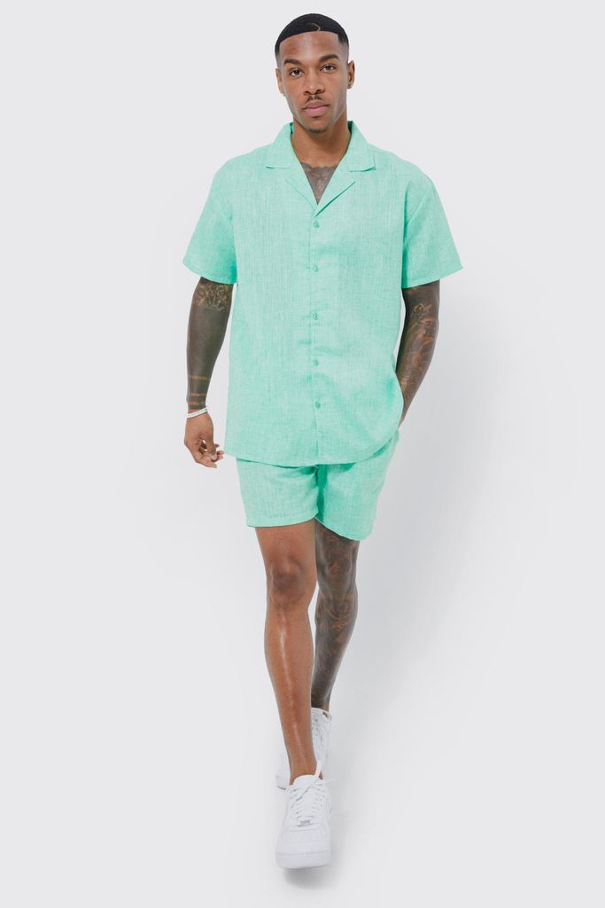Men's Short Sleeve Oversized Linen Look Shirt And Short - Green - S, Green