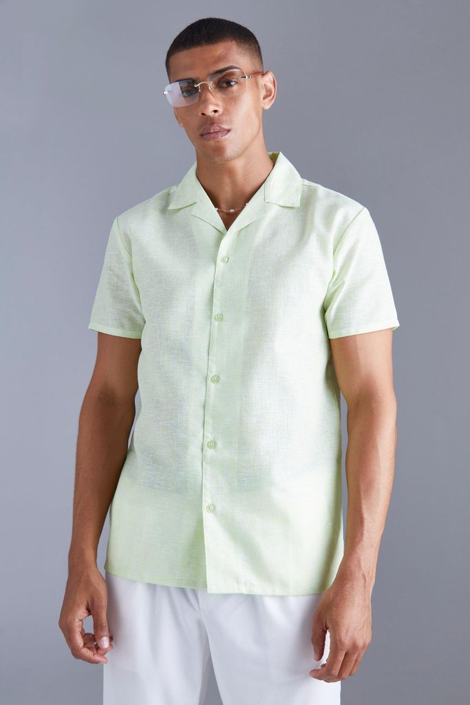 Men's Short Sleeve Regular Linen Look Shirt - Green - S, Green