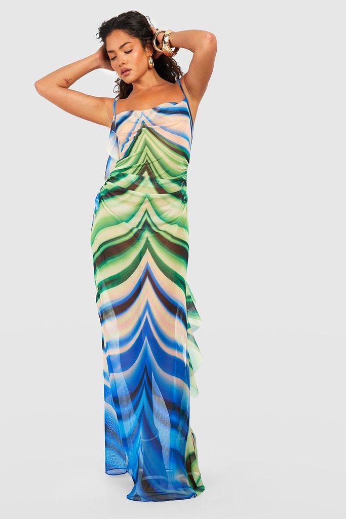 Womens Abstract Ruffle Detail Mesh Maxi Dress - Blue - 8, Blue