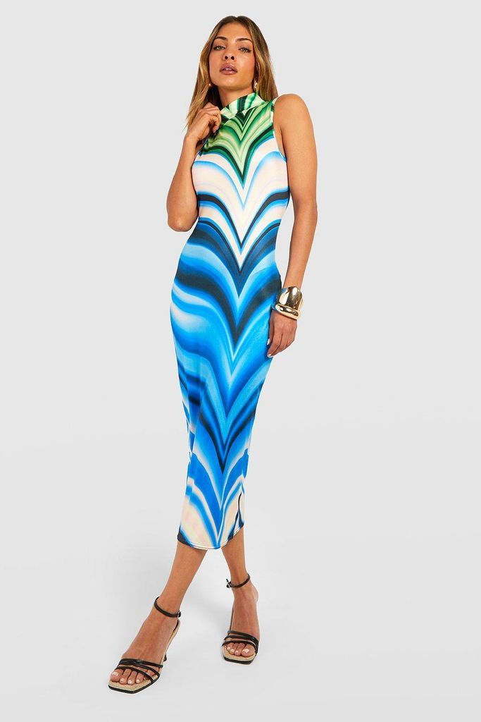 Womens High Neck Abstract Slinky Midi Dress - Blue - 8, Blue
